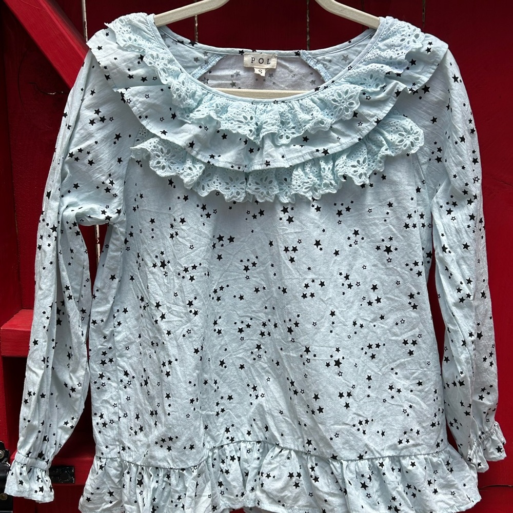 POL Blue Long Sleeve Tee with Ruffled Neckline